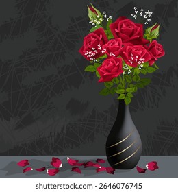 A bouquet of red roses in a vase.Vector illustration with bouquet of red roses in black vase on table with petals.