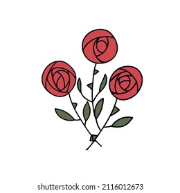 Un ramo de rosas rojas. Ilustración vectorial en estilo doodle. Tres flores florecientes sobre un fondo blanco aislado.