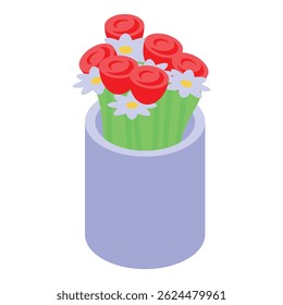 Bouquet of red roses and white daisies is standing in a purple vase