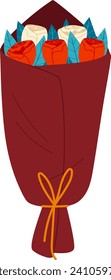Bouquet of red roses wrapped in maroon paper with yellow ribbon. Romantic flower gift vector illustration.