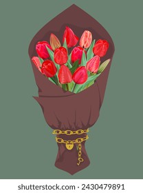 A bouquet of red tulips in brown paper with a gold chain, lock and key on a dark green background