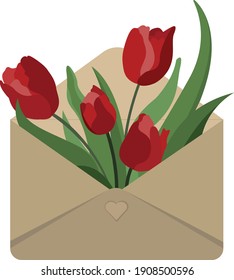 Bouquet of red tulips flowers in an envelope. Spring illustration for your design and greetings, postcards card for your loved ones