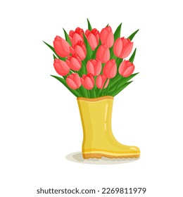 Bouquet of red tulips flowers in rubber boot. Spring composition for women's day, mother's day, easter and other holidays. Floral design isolated vector illustration for postcard, poster and other.