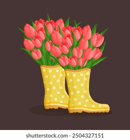 Bouquet of red tulips flowers in rubber boots. Spring composition for women's day, mother's day, easter and other holidays. Floral design isolated vector illustration for postcard, poster and other.