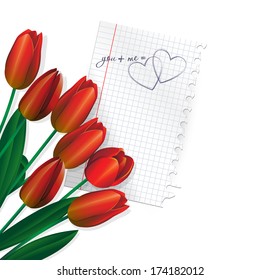 bouquet of red tulips and postcard