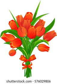 Bouquet of red tulips with satin bow and ribbons. Isolated on a white background.