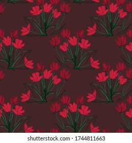 A bouquet of red tulips. Seamless pattern Suitable for cards, posters and scrapbooking. Print sketch with withered colors for background or packaging. Minimalistic and simple. Vector and EPS 10

