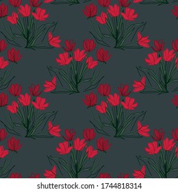 Un ramo de tulipanes rojos. Patrón sin inconvenientes para tarjetas, carteles y reservas de recortes. Imprimir boceto con colores marchitos para el fondo o el empaque. Minimalista y simple. Vector y EPS 10
