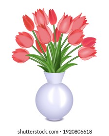 Bouquet aus roten Tulpen in einer Vase. Vektorgrafik einzeln auf Weiß.
