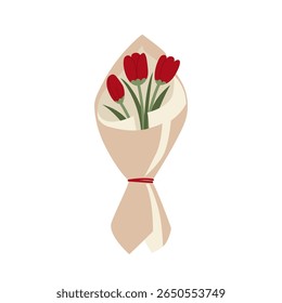 Buquê com tulipas vermelhas envoltas em papel kraft. Ilustração plana vetorial de flores da primavera. Clipart floral para cartões, cartazes e convites.