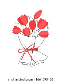 Bouquet of red tulips in wrapping paper tied with a red ribbon isolated on white background. Black and white vector illustration with red accents.