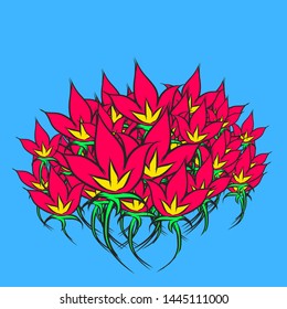 A bouquet of red and yellow fabulous flowers. Figure on a blue background.