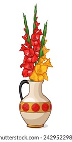 A bouquet of red and yellow flowers, gladioli in a vase. Vector illustration of a vase with flowers on a white background.