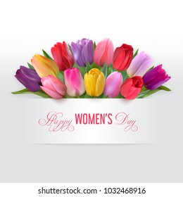 Bouquet of red, yellow, pink, purple and lilac tulips under a white banner and pink text Happy Women's day. Vector Photorealistic delicate colorful spring flowers.