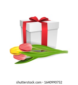 Bouquet of red and yellow tulips with a white gift box tied with a satin ribbon in a bow. Vector isolated image of a bouquet of spring flowers, clipart for greeting card with March 8 or happy birthdey