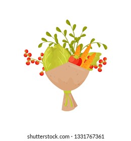 Bouquet of ripe cabbage, cherry tomatoes and carrot. Vegetable composition. Natural products. Flat vector icon