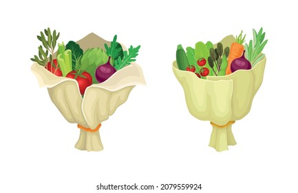 Bouquet de verduras maduras envuelto en vectores de papel