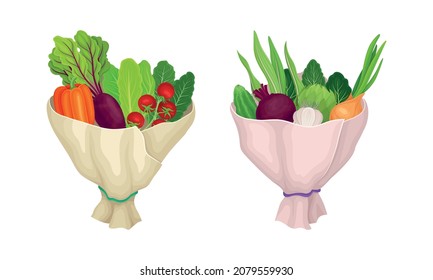 Bouquet of Ripe Vegetable Wrapped in Papper Vector Set