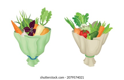 Bouquet de verduras maduras envuelto en vectores de papel