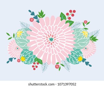 A bouquet of romantic flowers, berries and leaves on a gentle blue background. Floral and cute spring collection in pink and mint color. Vector illustration.