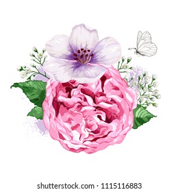 Bouquet of rose, apple tree flower, gypsophila, butterfly and splashes in watercolor style isolated on white background. For greeting cards, prints. All elements are editable.