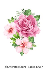 Bouquet of rose, apple tree flower, gypsophila in watercolor style isolated on white background. For greeting cards, prints. All elements are editable.