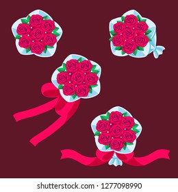 bouquet of rose with bow, ribbon, flat vector illustration, Happy Valentine.
