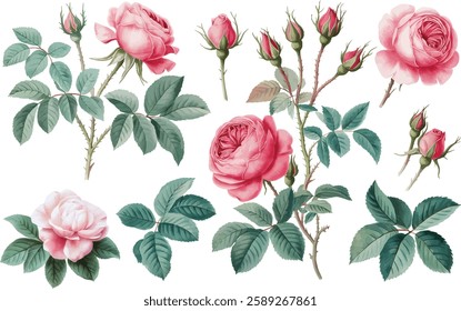 Bouquet of rose flowers watercolor. Roses on a branch hand-drawn watercolor botanical illustration.