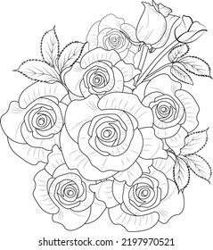 bouquet rose outline hand drawn vector illustration botanical leaf buds collection engraved ink art coloring page isolated image on white background.