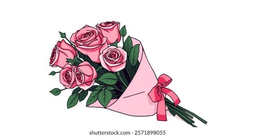 Bouquet of rose. valentine day  Love flower. Floral bouquet wrapped in gift paper. Gift for special day like birthday, valentine day, women's day, . Rose bouquet vector illustration.