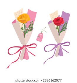 Bouquet de rosa. Ilustración vectorial del ramo de rosa. Flor de amor. Ramo de flores envuelto en papel de regalo. Regalo para un día especial como cumpleaños, día de San Valentín, día de la mujer, día de la madre