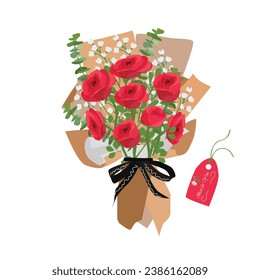 Bouquet of rose. Rose bouquet vector illustration. Love flower. Floral bouquet wrapped in gift paper. Gift for special day like birthday, valentine day, women's day, mother's day