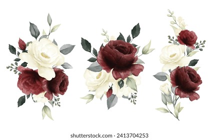 Bouquet of rose watercolor painting white red and white flower wedding vector	
