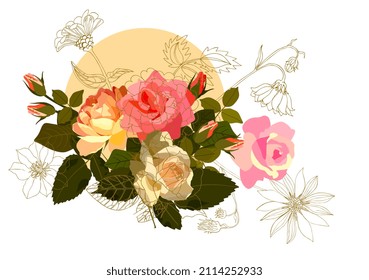 A bouquet of roses against the background of the rising sun with a golden outline over the pattern. Creative natural illustration. Great print for fabric, dishes, postcards in vector.