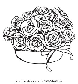 Bouquet with roses in a basket. Gift for a woman. Fresh flowers. Handmade style. Isolated illustration for design and typography.