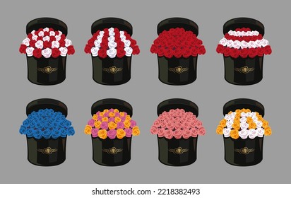 Bouquet of roses in black box set. Vector illustrations of flowers in shiny satin basket with golden heart. Cartoon floral decoration of different colors isolated on gray. Luxury gift concept