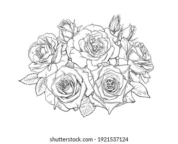 Bouquet aus Rosen, blühenden Blumen, Knospen, Blättern und Stielen handgezeichnet Vektorgrafik. Schwarz-Weiß-Detailkunst. Romantische Dekorationselemente für Tattoo, Grußkarte, Hochzeitseinladung