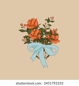 A bouquet of roses and a blue bow. Vector illustration.