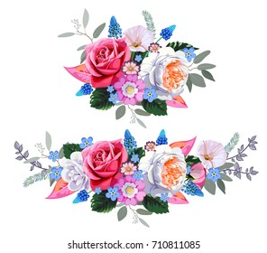 Bouquet with roses and blue flowers