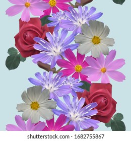 Bouquet of roses, blue wildflowers, white and lilac cosmos flowers on light blue background, seamless floral texture, EPS 10 vector