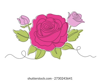 Bouquet of roses and buds, abstract continuous single one line art hand drawing sketch logo on white background