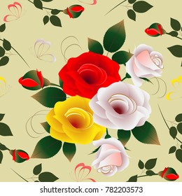 Bouquet of roses with butterflies and branches of buds, seamless pattern.