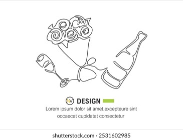 Bouquet of roses and candelabrum, champagne and glasses continuous line drawing. One line art of flowers, romantic, 14 february, heart, relationships, sweets, gift, love, peonies.