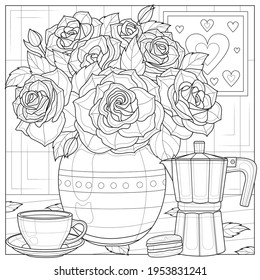 
A bouquet of roses and a coffee maker with a cup.Coloring book antistress for children and adults. Illustration isolated on white background.Zen-tangle style. Hand draw