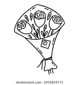 Bouquet of roses in craft package with love note attached. Gift or recognition, compliment. Valentines Day. Black and white vector isolated illustration hand drawn. Beautiful flowers doodle