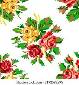 Bouquet of roses Cross stitch pattern. Multicolor retro pattern. Vector illustration. Pixel art illustration. Seamless pattern