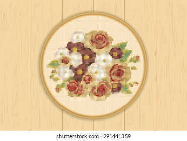 A bouquet of roses and daisies. Embroidery on the canvas in the hoop. Cross-stitch. Romantic vintage vector illustration. Background wood planks.