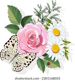 Bouquet with roses and daisies.Vector illustration with a bouquet of flowers, a butterfly and a ladybug on a transparent background with a shadow.