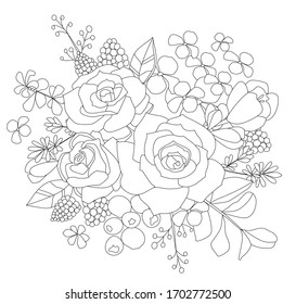 bouquet of roses with decorative berries, little flowers and plant twigs. happy floral arrangement for your coloring book