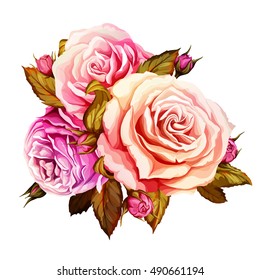 Bouquet of roses. Design element. Hand drawn. Vintage style, watercolor. Can be used in design purpose. Vector stock.